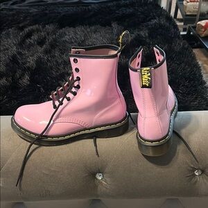 Dr. Martens Glossy Pink Boots with Black Laces